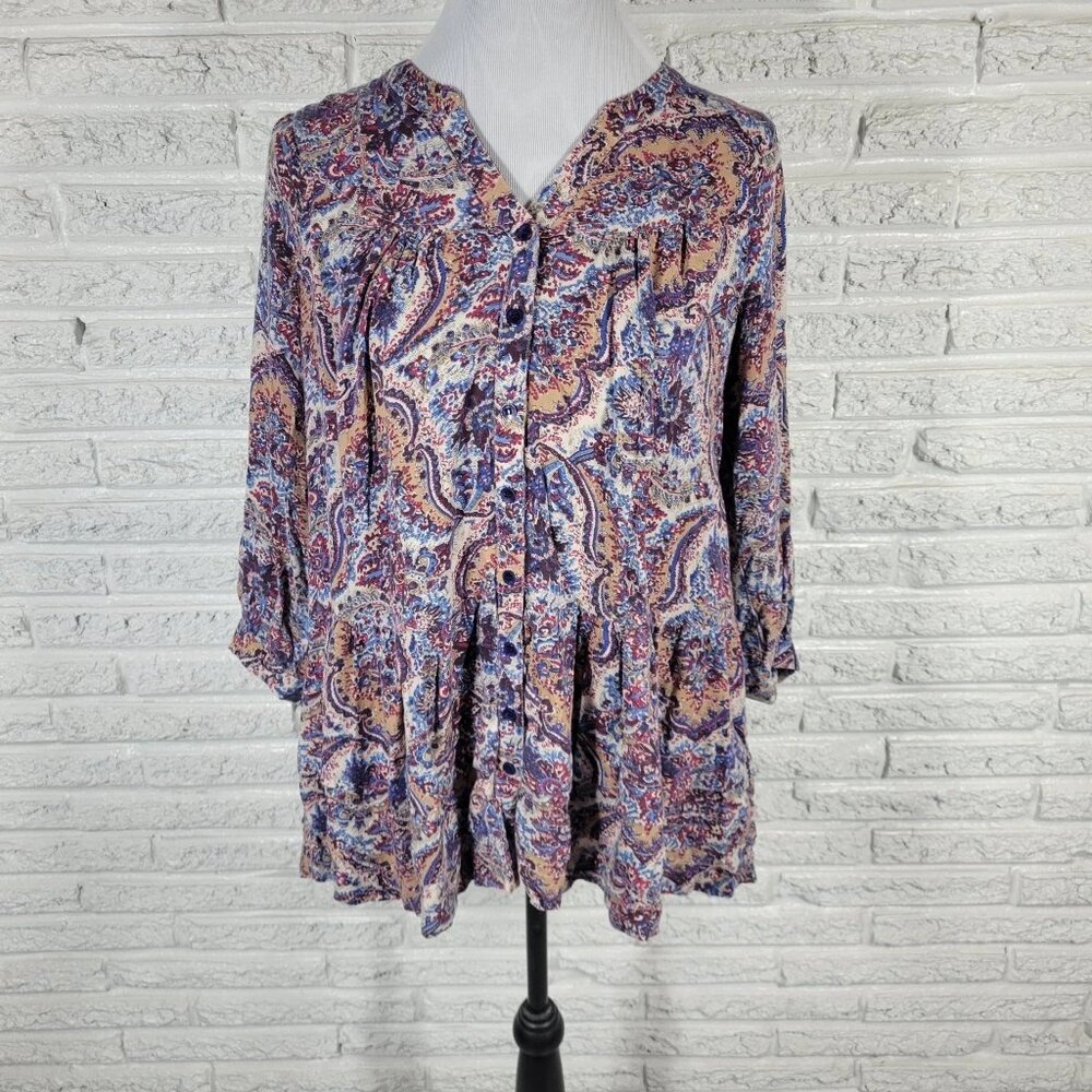 Chelsea & Theodore Women's 1X‎ Button-Up Top Blouse Paisley Print GEO107E